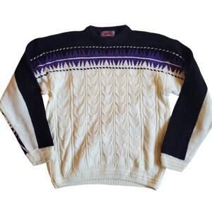 Vintage Cable-Knit Sweater Grandpa 90's Geometric White - Men's Medium
